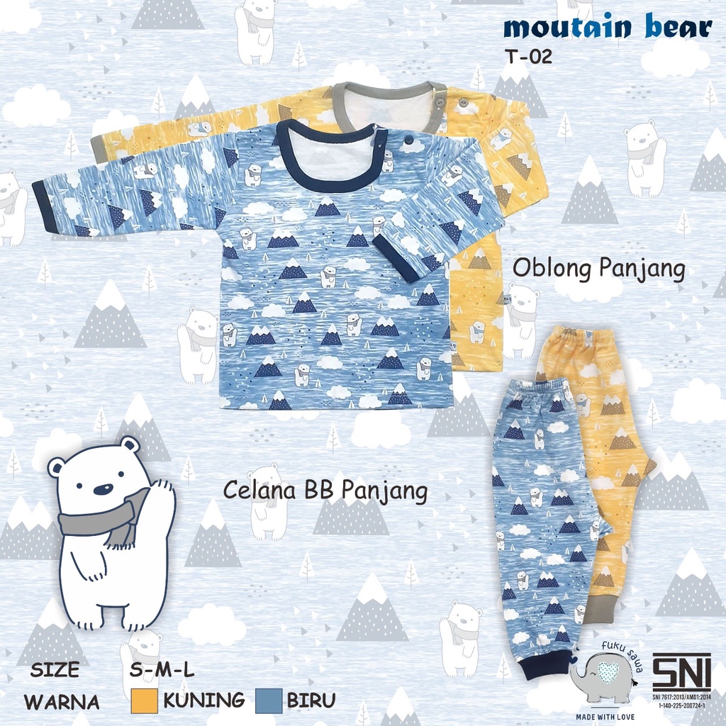 FUKUSAWA-baju bayi oblong panjang setelan baju bayi motif MOUNTAIN BEAR