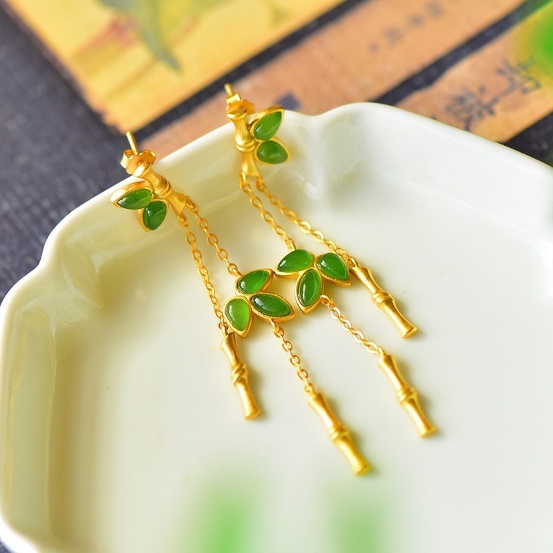 Hetian Jade Green Jade Bamboo Jewelry Set