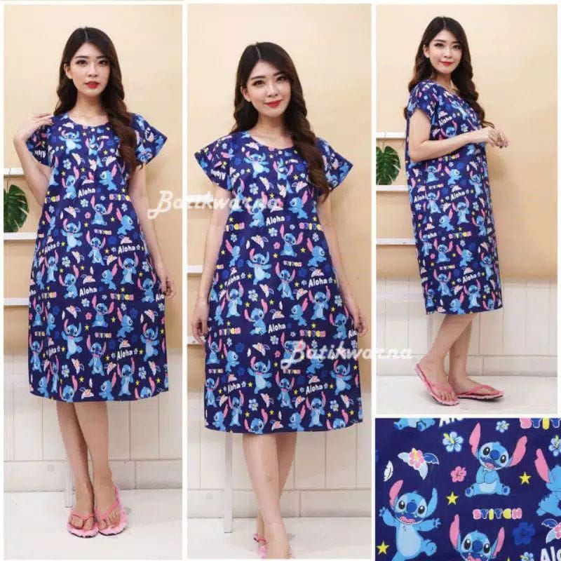 Daster Batik Lengan pendek - Motif Acak / Campur - Leher Kancing /Batik karakter busui-Koala biru