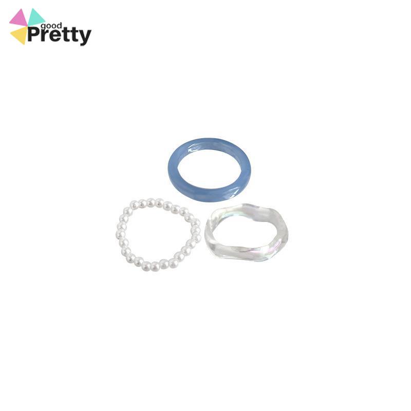 Cincin Resin Sederhana Cincin Mutiara Wanita Set Cincin Akrilik Premium 3 Buah - PD