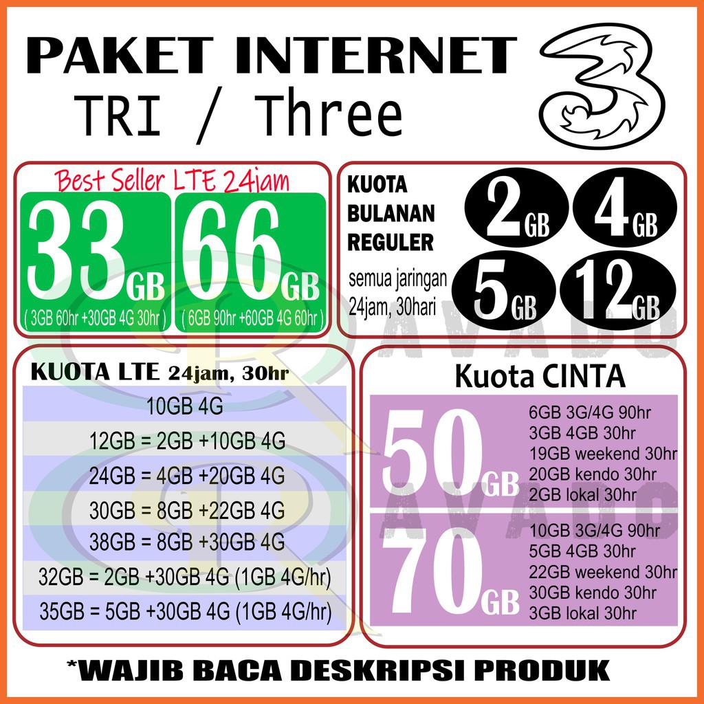 Jual Isi Ulang Paket Internet Data Kuota Murah Three Tri 3 Cinta Lte 4g 50gb 70gb Shopee Indonesia 