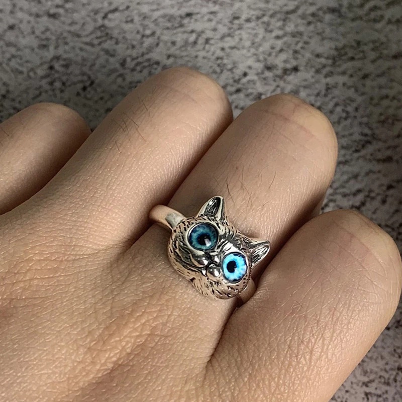 Cincin Model Terbuka Adjustable Desain Mata Kucing Biru Gaya Vintage Punk Gothic Untuk Unisex