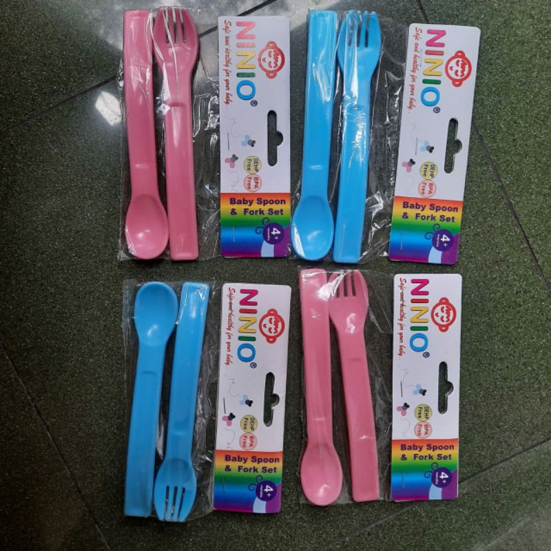 Ninio spoon &amp; fork (F333). 1 set sendok dan garpu makan bayi