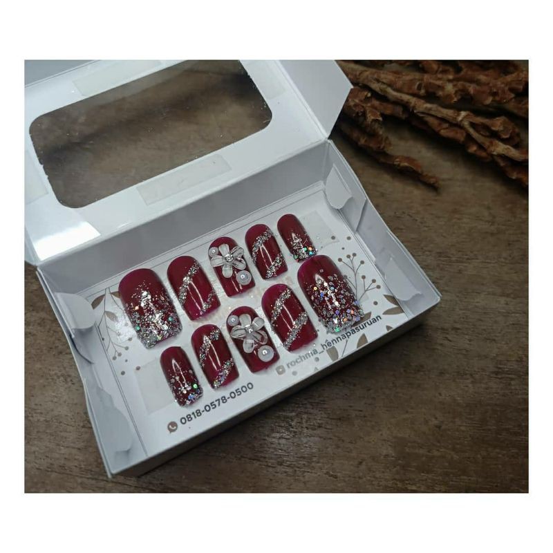 Nail Art Fake Nails Maroon Merah Tua