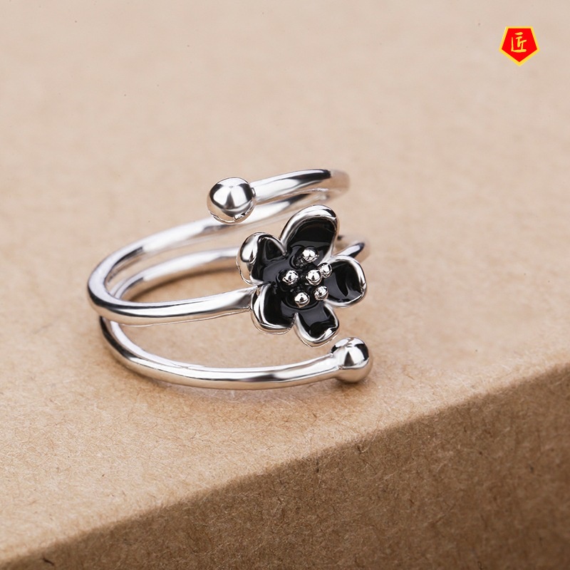 [Ready Stock]Original S925 Silver Black Flower Ring Creative Simple