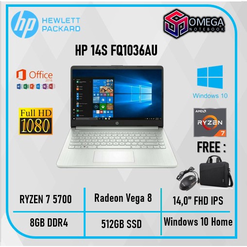 Laptop HP 14s FQ1036/FQ1037 Ryzen 7 5700 8GB 512SSD Vega8 W10+OHS 14.0&quot;FHD IPS