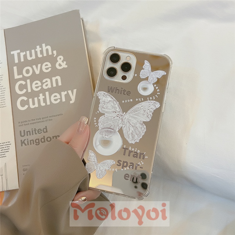 Soft Case TPU Desain Kupu-Kupu Putih Aksen Cermin Kristal Untuk IPhone 7Plus 11 12 13 Pro Max XR 8Plus X XS Max 7 8 SE 2020