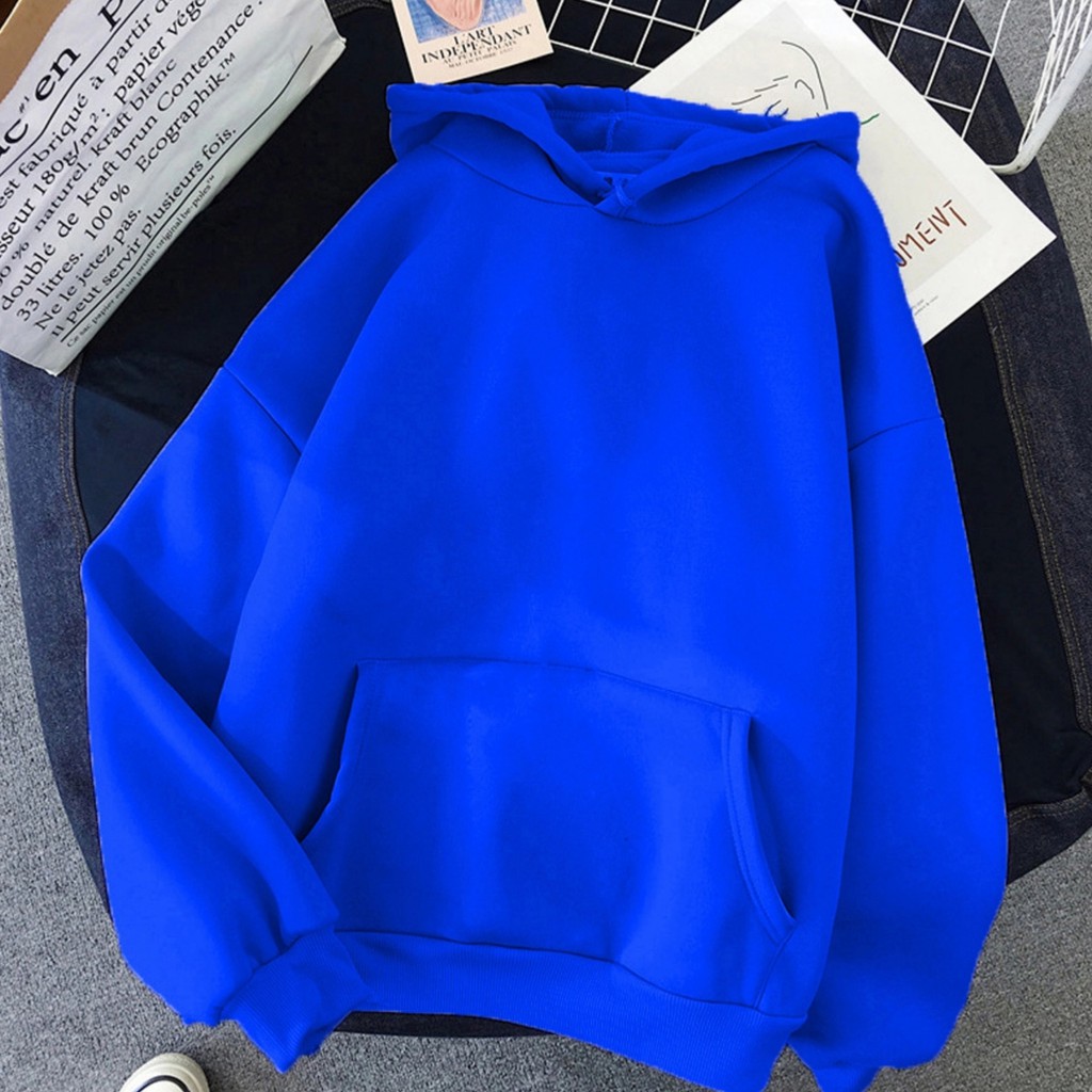Hoodie Wanita Polos Murah Tebal Oversize Bahan Fleece Sweater Model Korea Warna Lilac-Biru