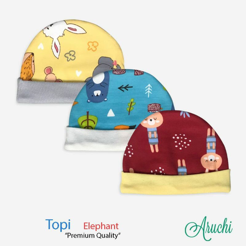 ♥BabyYank♥ Aruchi 3Pcs Topi Bayi Motif Elephant &amp; Crocodile (NB-3M) 1Pack isi 3pcs Topi