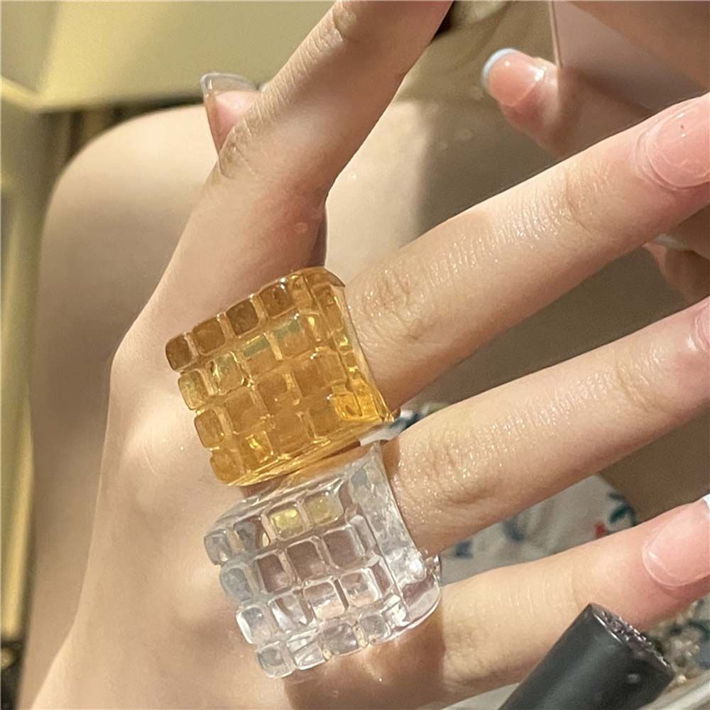 Needway  Cute Resin Ring Trendy Acrylic Transparent Finger Rings Korean Personality Funny Square Girls Lattice Fashion Jewelry/Multicolor