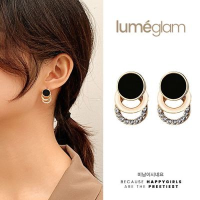 Anting Korea Simple Black Round Gold