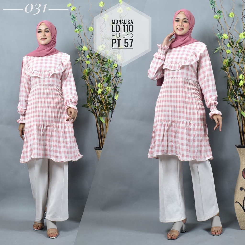 Setelan Atasan Baju Tunik Wanita Kekinian Muslim Jumbo Motif Kotak Bahan Monalisa Premium