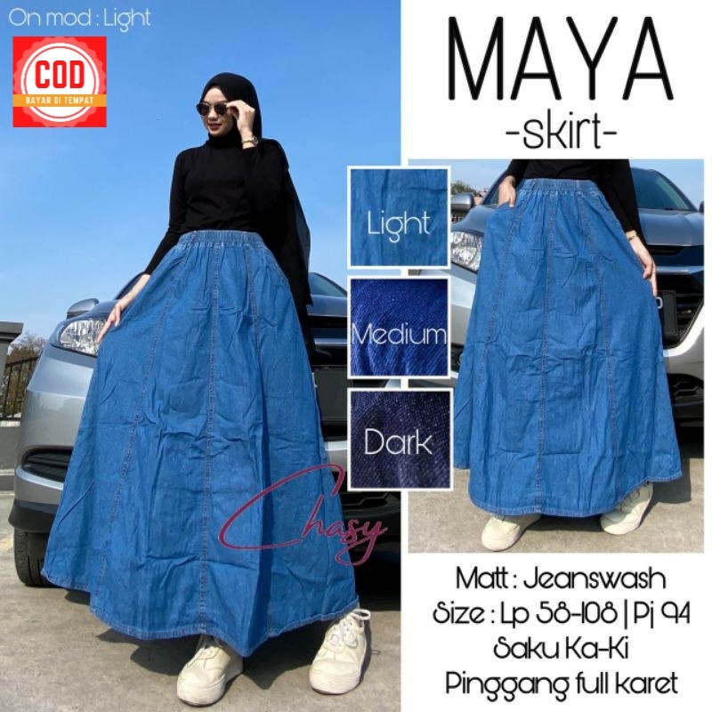 Rok Jeans Payung Jumbo XXL Maya Skirt Rok Denim Lepis Big Size Rok Wanita Polos Lebar Terbaru