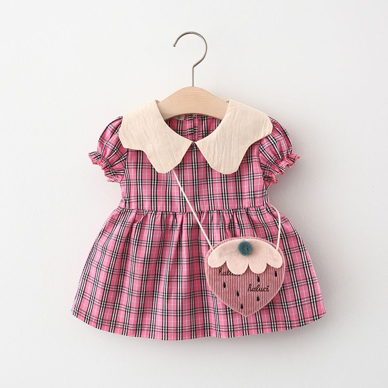 Dress bayi 0-2 tahun motif KOTAK PINK &amp; COKLAT + FREE TAS / GAUN BAYI baju bayi perempuan KUALITAS IMPORT