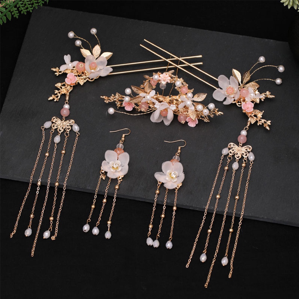 Needway  Hair Jewelry Hanfu Hair Stick Hair Clips Earrings Headwear Sets Women Flower Tassel Hairpins Chinese Crystal Hair Comb/Multicolor