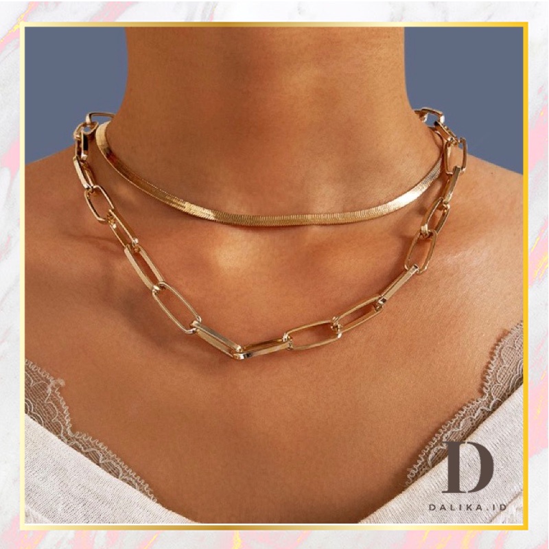 Kalung Choker Rantai Wanita Korea Multilayer Double Layer Pipih dan Rantai Dalika