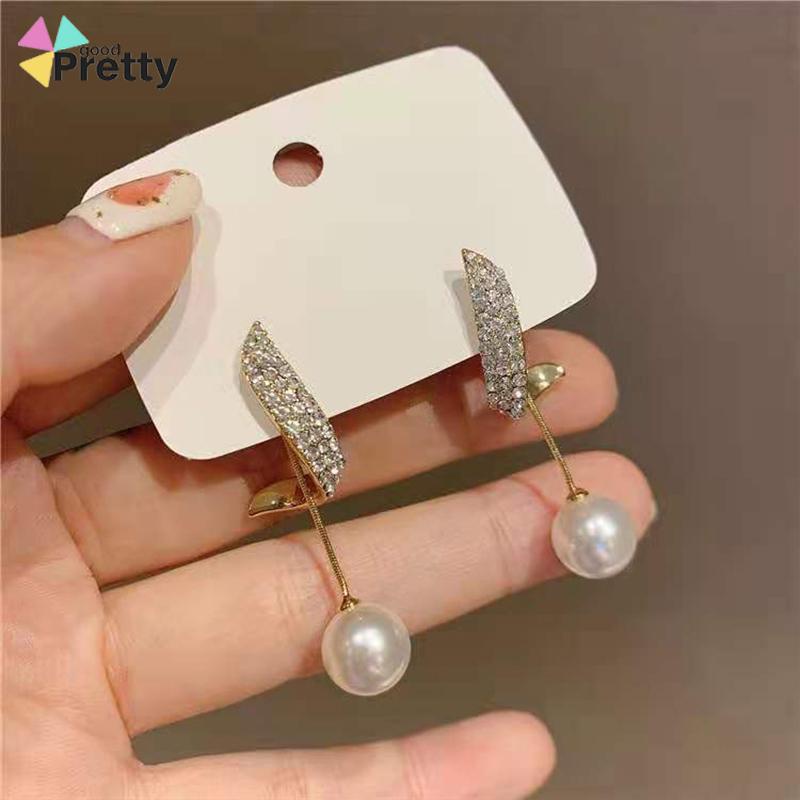 Elegan Berlian Mutiara Fashion Sederhana Temperamen Wanita Anting Rumbai Panjang - PD