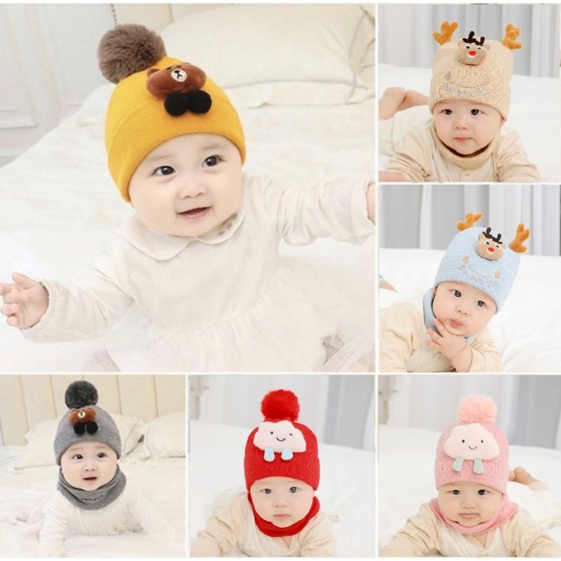 Topi kupluk pom pom bayi model brown bear / cloud / Deer TIDAK TERMASUK SYAL (Hat only)