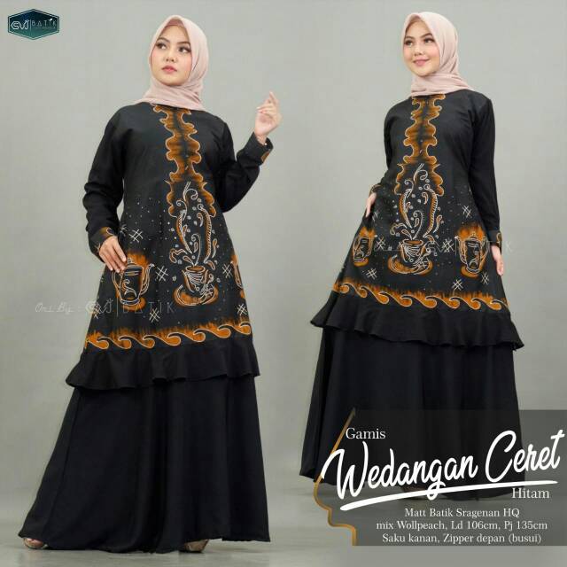 Gamis batik kombinasi motif wedangan ceret bahan katun mix wolfis