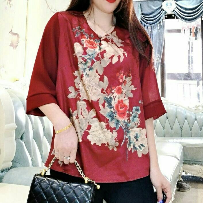 0001 Baju atasan blouse CNY imlek chinese china merah import murah baju atasan blouse blus vneck ker