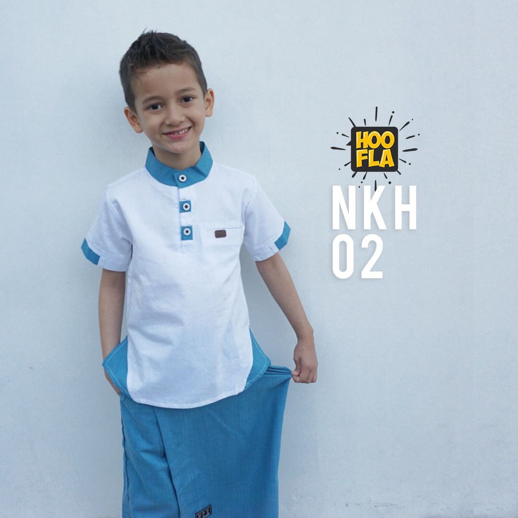 Hooflakids Set Setelan Baju Koko Anak Laki Laki Usia 1-10 Tahun Warna Putih (NKH02) Bawahan Celana Sarung Sarcel