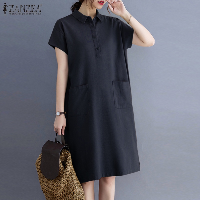 ZANZEA Women ront Pockets Short Sleeve Turn-Down-Collar Solid Color Midi Dress