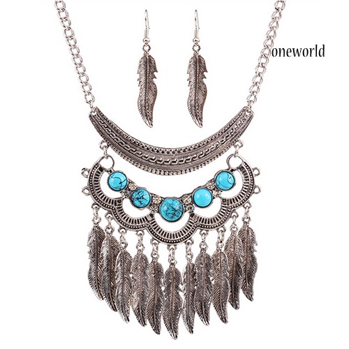 OW@ Women Vintage Leaves Tassels Pendant Choker Necklace Hook Earrings Jewelry Set