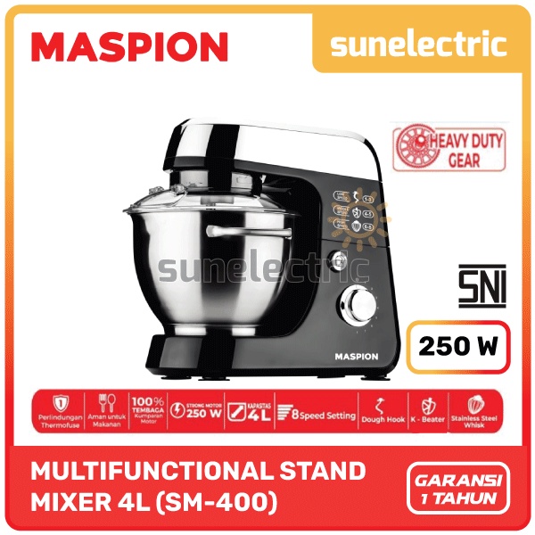 Maspion MSP SM-400 Stand Mixer Stainless Steel Super Heavy Duty Gear Kapasitas 4 Liter 8-Speed Setti