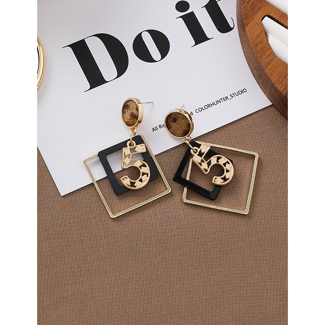 LRC Anting Tusuk Fashion Number 5 Plush Leopard Geometric Square Openwork Number 5 Earrings D20795