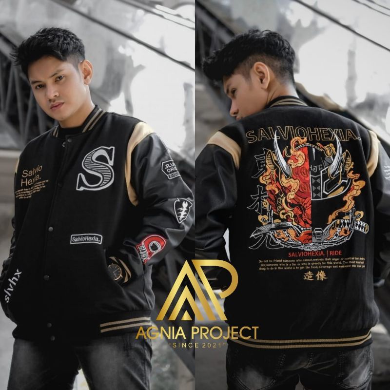 Varsity Jacket Full Bordir Sunmori Salvio Hexia Jaket Varsity Pria Premium HITAM LEATHER Nascar Varsity Baseball Jacket Vintage Jaket varsiti