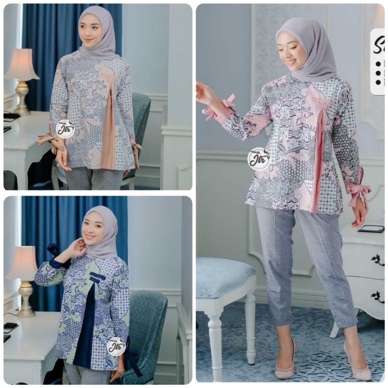 Blouse Batik Atasan Baju Wanita Katun Shakira Jtr Kombinasi Moscrepe Grey Silver Abu Pink