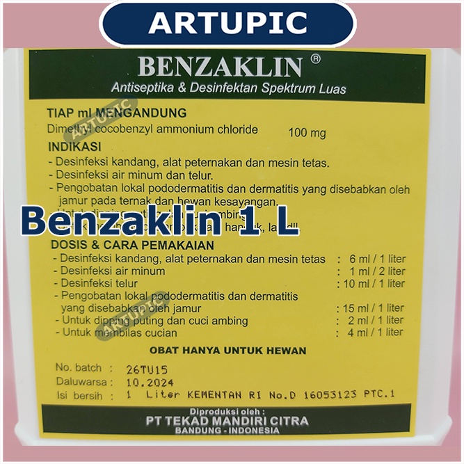 Benzaklin 1 Liter Desinfektan Antiseptik Sanitasi Desinfeksi Disinfektan Anti Virus Kuman Patogen Spektrum Luas