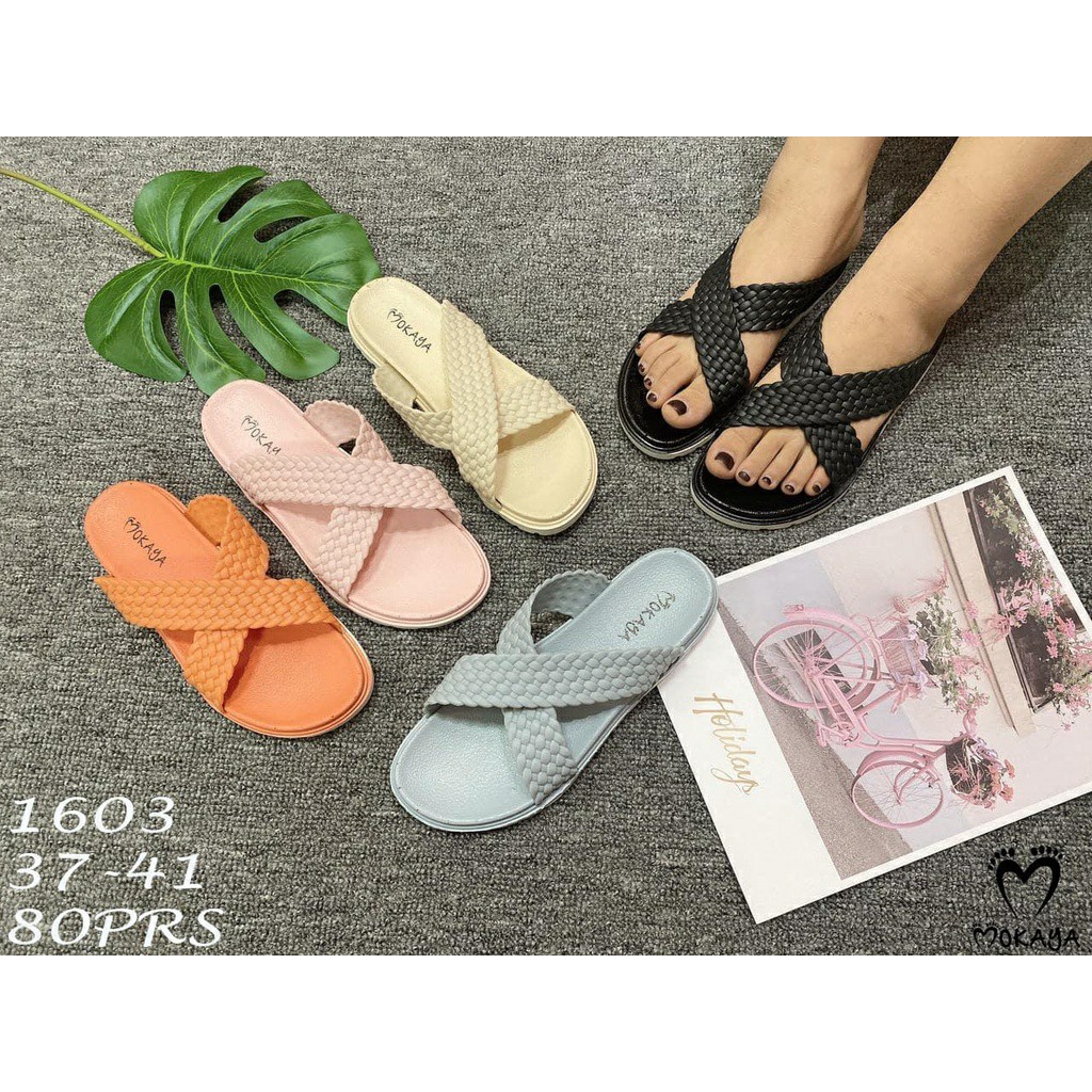 Sandal Slop Wanita Ban Silang Motif Kepangan Kecil Super Cantik Cute Import Mokaya /Size 37-41(1603)