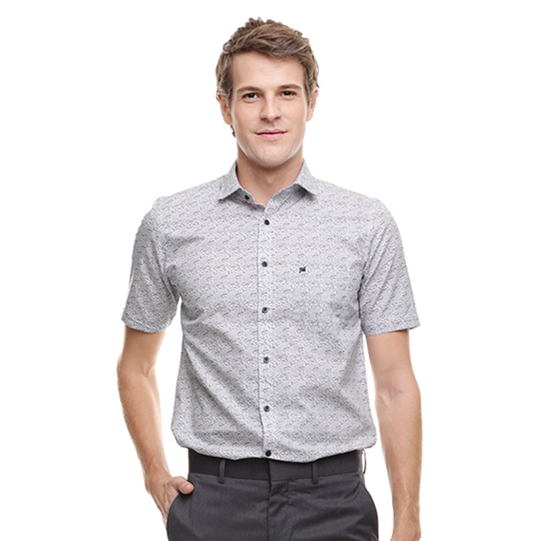 Johnwin - Kemeja Formal - Kemeja Pria - Kemeja Lengan Pendek - Slim Fit - Putih - Corak Abu-abu - Fr