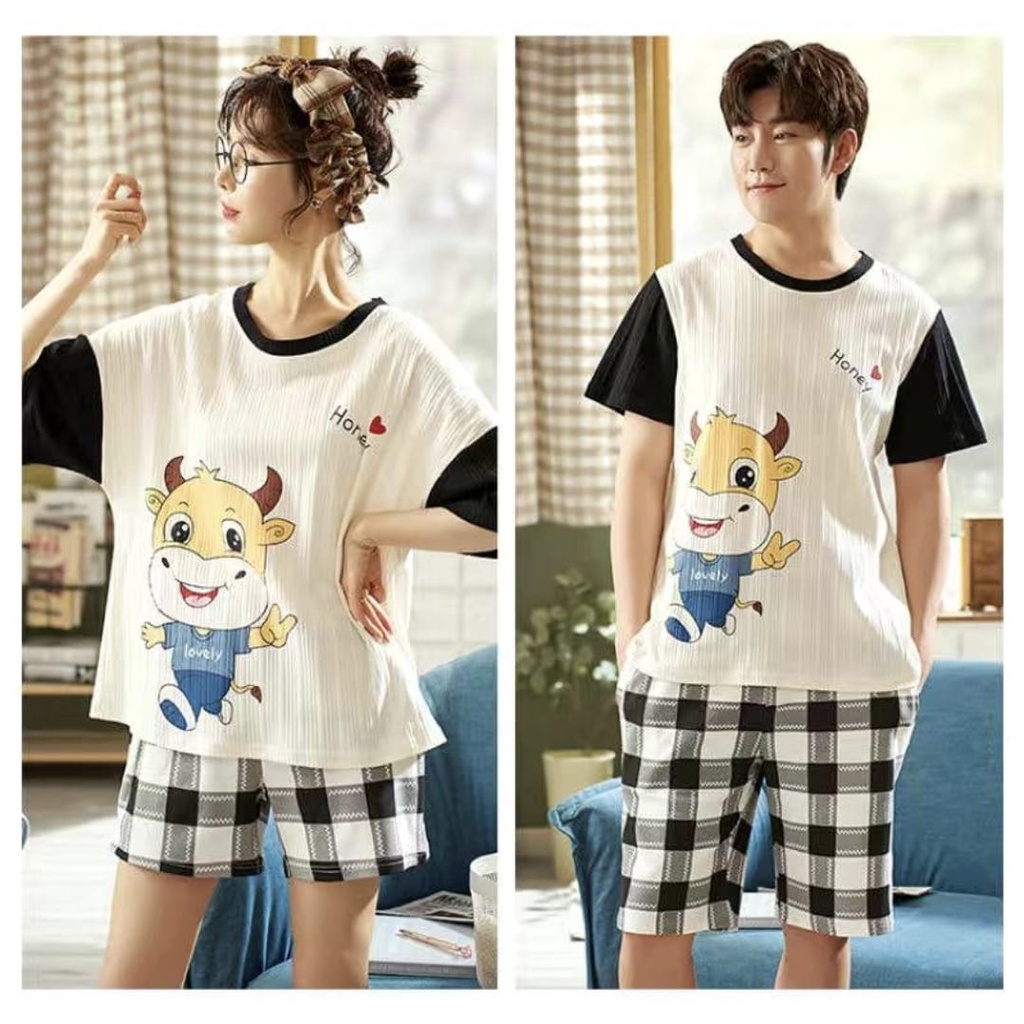 Baju tidur piyama lengan pendek celana pendek bahan kaos import HPcouple