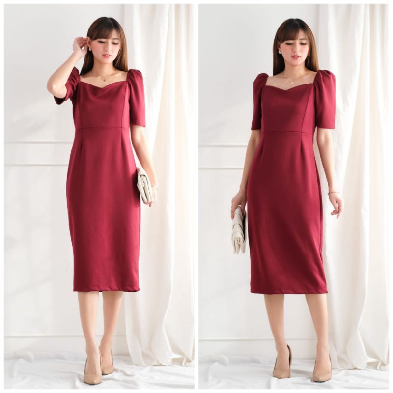 ❣️ SPECIAL PRICE ♡ PREMIUM ♡ ORIGINAL ! JANETH ELEGANT [ SIZE : S &amp; L ] VINTAGE PLAIN BODYCON MIDI SIMPLY PARTY DRESS