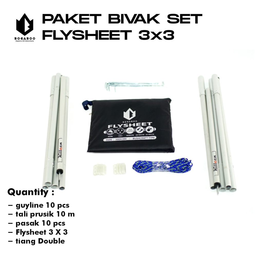 Bisa (COD) Paket Tiang Double Killeen +Flysheet 3X3 +Stopper Guyline Tebal 10 Pcs + Tali prusik 10 M +Pasak 10 pcs
