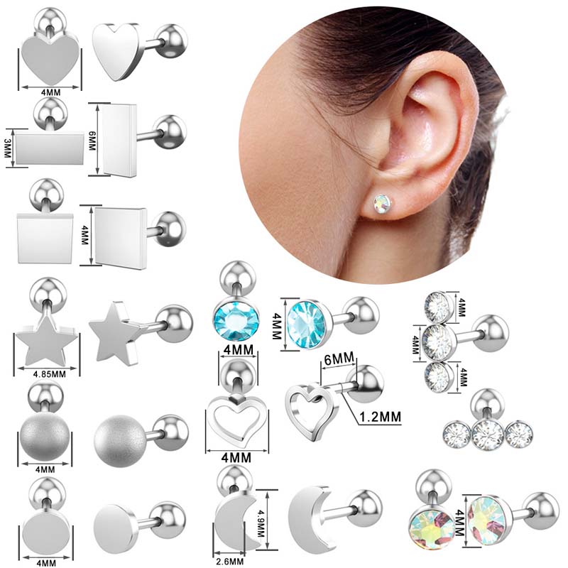 1 Piece Hypoallergenic Stainless Steel Heart Star Moon Shape Earring Stud Helix Lobe Piercing 16 Gauge