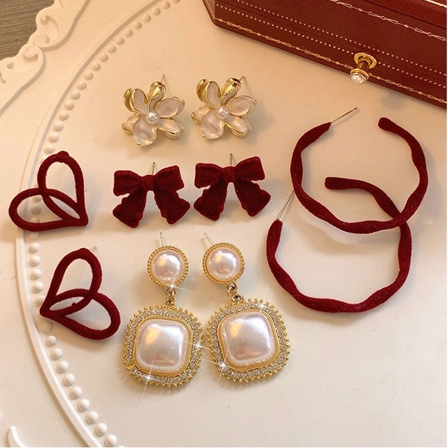 2023baru Retro Merah Anting Wanita Mutiara Stud Earrings Fashion Klasik Anting