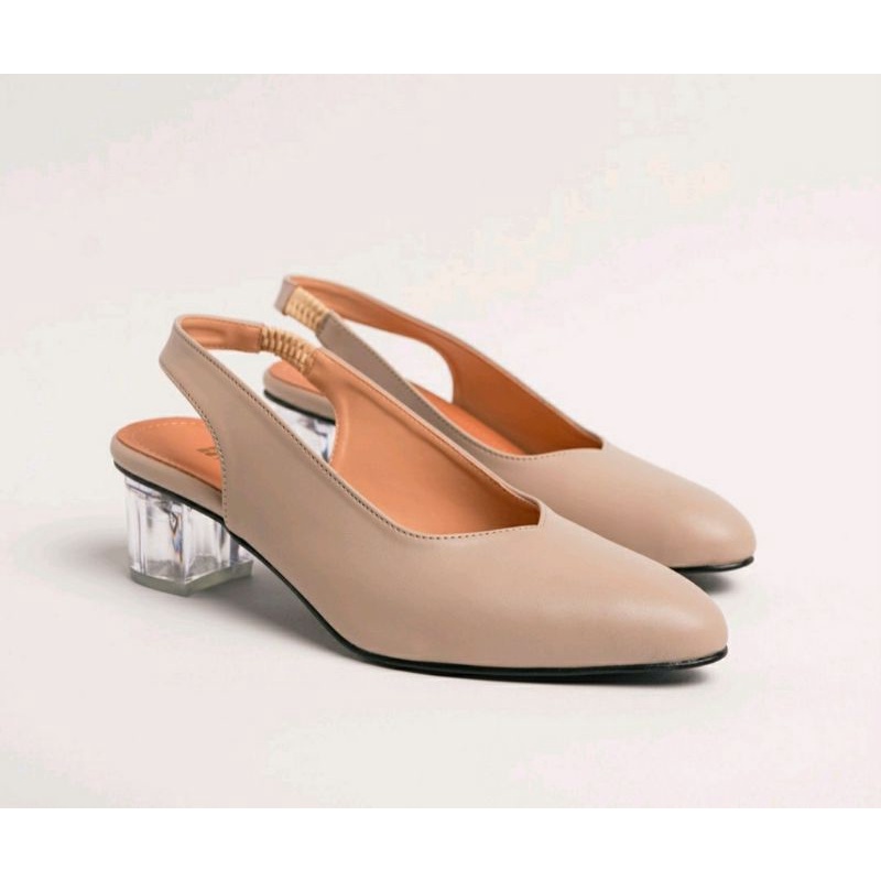 Sepatu Kaca Wanita BIG SIZE 41-45 /Sepatu Sendal Heels Premium Size JUMBO Krem JV090 Ori, 44