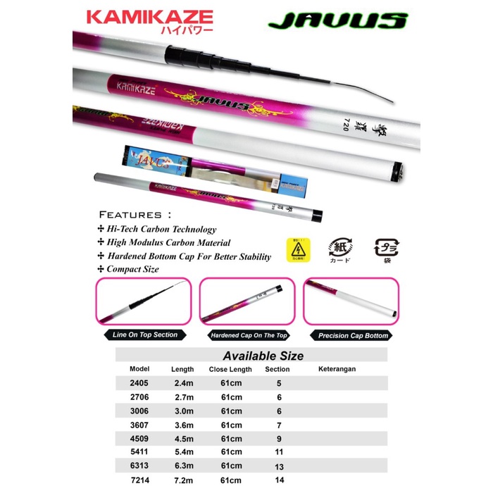 Joran Tegeg Rod Stik Pancing Tegek Ruas Pendek KAMIKAZE Javus Murah - 240cm