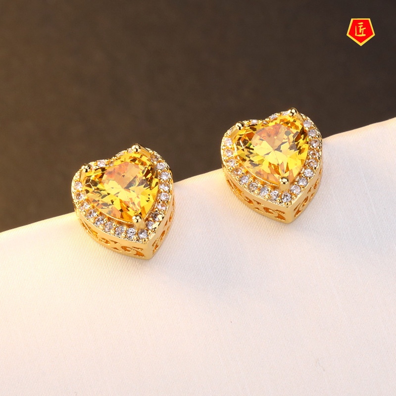[Ready Stock]New Heart-Shaped Citrine Stud Earrings 18K Gold