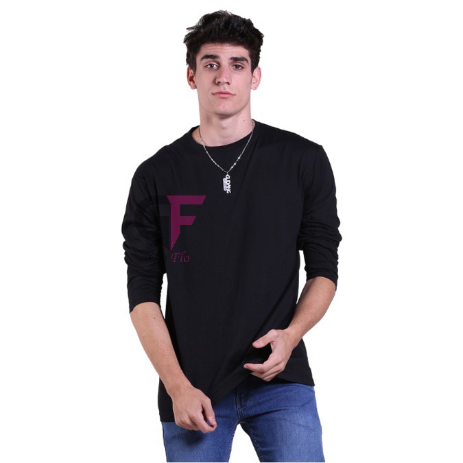 GIOFLO Baju Casual Remaja Kaos Polos O-Neck Cotton Lengan Panjang Hitam / POL 42