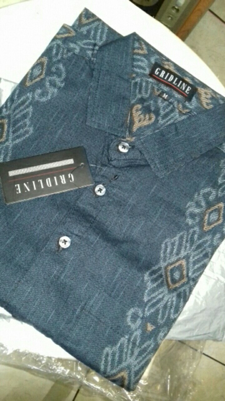 [gridline - R070 Maroon & Steel Blue] Kemeja Batik Pria Katun Lengan Pendek Regular Songket Seragam