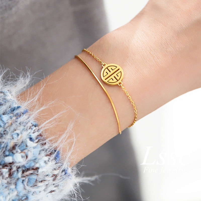 Gelang Titanium Beruntung Karakter China 'Fu' Emas 18k Wanita Anti Karat Perhiasan Titanium Asli