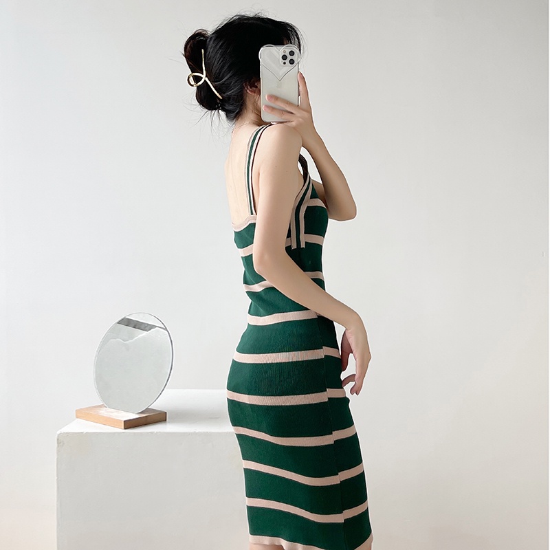 【Elegant】Korean Summer  Sexy Striped Knit Bodycon Midi Dress 7493