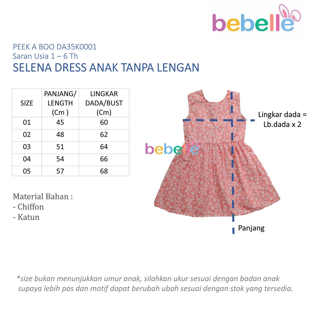 BEBELLE DA35K0001 SELENA DRESS ANAK USIA 1-6 th  BAJU ANAK TANPA LENGAN