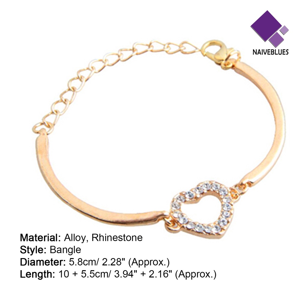 Naiveblue &gt; Gelang Tangan Rantai Adjustable Motif Hati Aksen Kristal + Berlian Imitasi Untuk Wanita