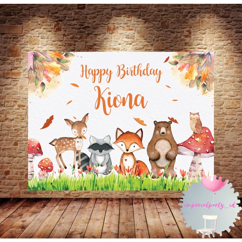 Custom Backdrop Banner Spanduk Happy Birthday Animal Woodland Forest