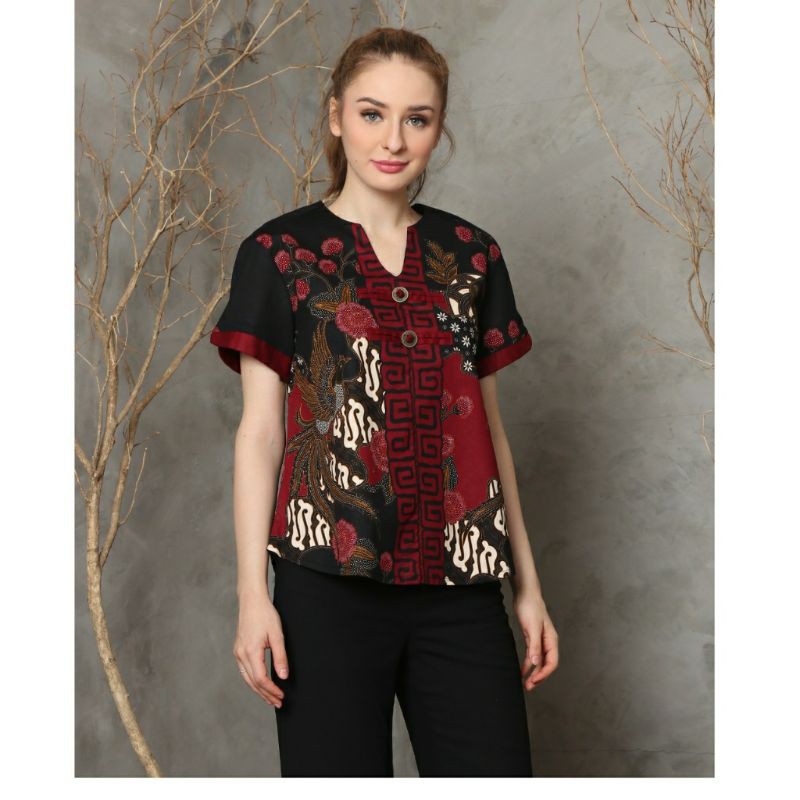 Atasan Blouse Batik Wanita Lengan Pendek Bahan Katun Stretch, 208 AAN / 208 SMP#-5